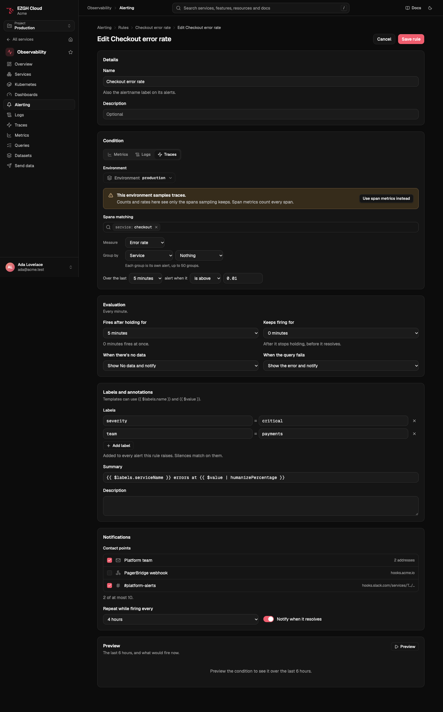 Editing a traces rule: the environment samples traces, with a Use span metrics instead button; spans matching service checkout, measure Error rate, grouped by Service, over the last 5 minutes, alert when it is above 0.01; evaluation, labels and annotations, contact points, repeat every 4 hours and notify when it resolves, and Preview.