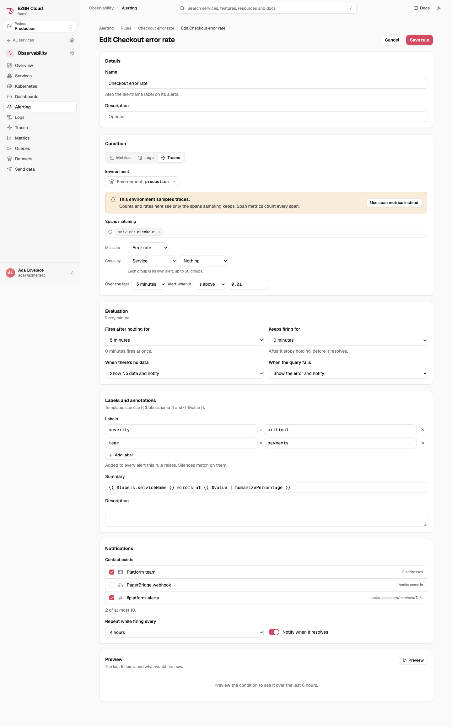 Editing a traces rule: the environment samples traces, with a Use span metrics instead button; spans matching service checkout, measure Error rate, grouped by Service, over the last 5 minutes, alert when it is above 0.01; evaluation, labels and annotations, contact points, repeat every 4 hours and notify when it resolves, and Preview.
