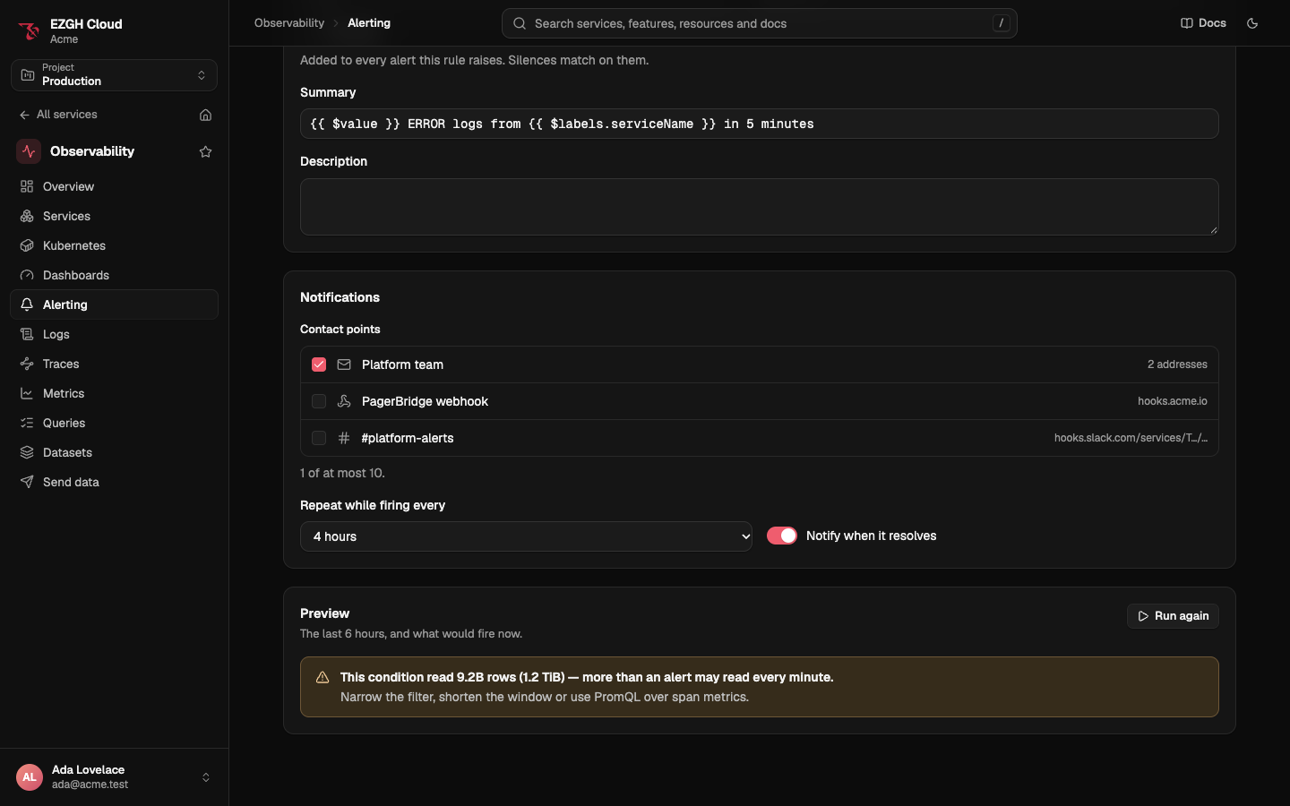 The rule editor's Preview section after Run again: this condition read 9.2B rows (1.2 TiB), more than an alert may read every minute; narrow the filter, shorten the window or use PromQL over span metrics.