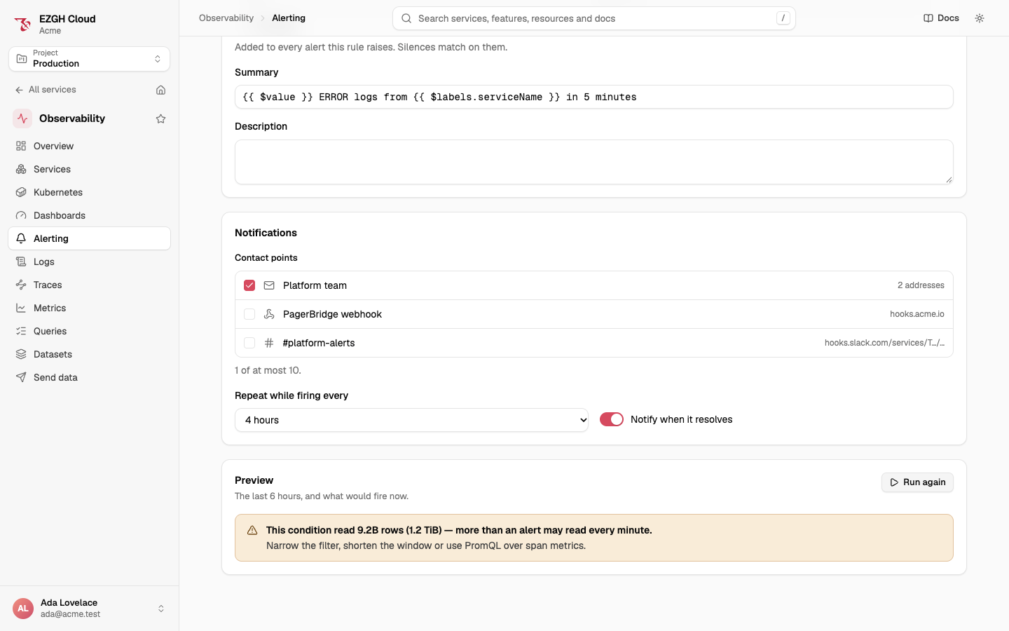 The rule editor's Preview section after Run again: this condition read 9.2B rows (1.2 TiB), more than an alert may read every minute; narrow the filter, shorten the window or use PromQL over span metrics.