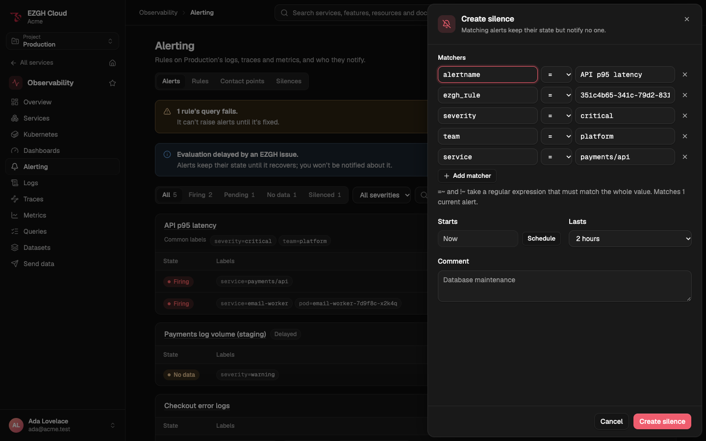 The Create silence sheet: matchers alertname, ezgh_rule, severity, team and service filled in from an alert's labels, each with an operator, Add matcher, a note that the matchers match 1 current alert, Starts Now or Schedule, Lasts 2 hours, a comment, and Create silence.