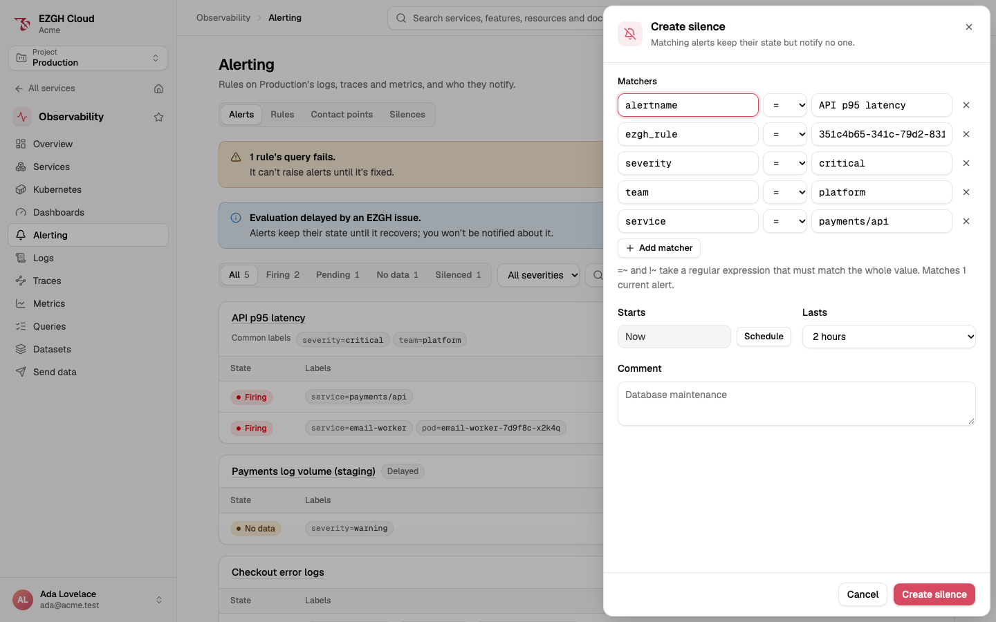 The Create silence sheet: matchers alertname, ezgh_rule, severity, team and service filled in from an alert's labels, each with an operator, Add matcher, a note that the matchers match 1 current alert, Starts Now or Schedule, Lasts 2 hours, a comment, and Create silence.