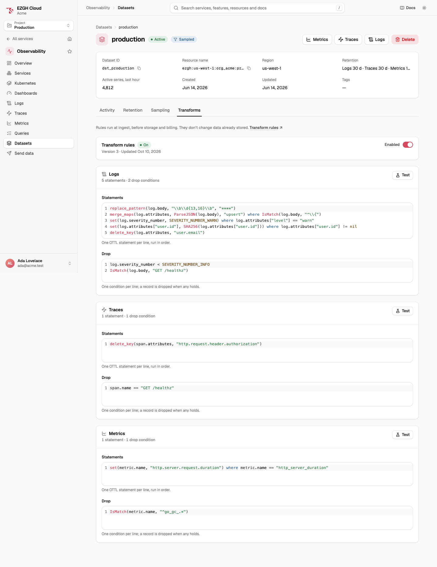 A dataset's Transforms tab with rules on, version 3: a Logs card with five statements and two drop conditions, a Traces card with one of each, and a Metrics card with one of each, each in a code editor with a Test button.