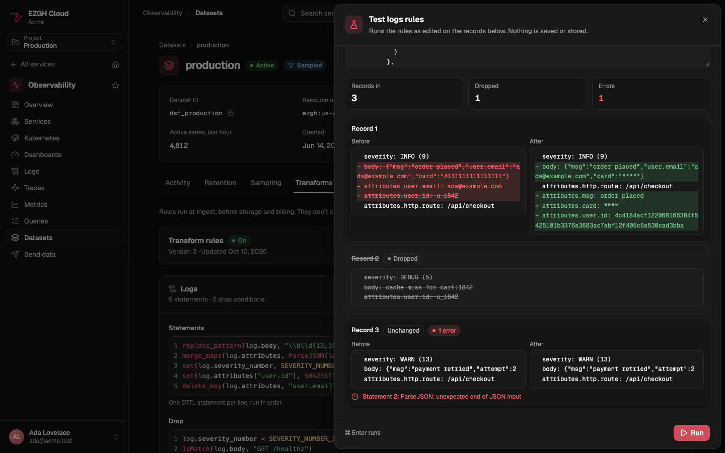 The Test logs rules sheet after a run on three records: one dropped and one error. Record 1's body has its card number masked, and its parsed card attribute is masked too, with the user ID hashed and the user.email attribute deleted. Record 2 is struck through as dropped. Record 3, whose body is cut-off JSON, is unchanged, with statement 2's ParseJSON error.