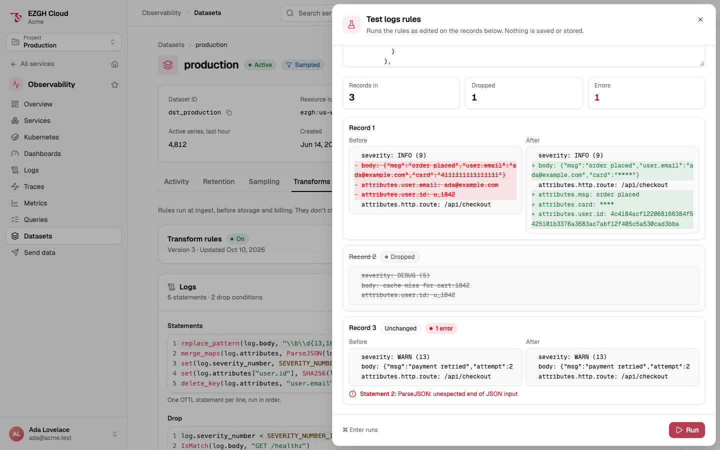The Test logs rules sheet after a run on three records: one dropped and one error. Record 1's body has its card number masked, and its parsed card attribute is masked too, with the user ID hashed and the user.email attribute deleted. Record 2 is struck through as dropped. Record 3, whose body is cut-off JSON, is unchanged, with statement 2's ParseJSON error.