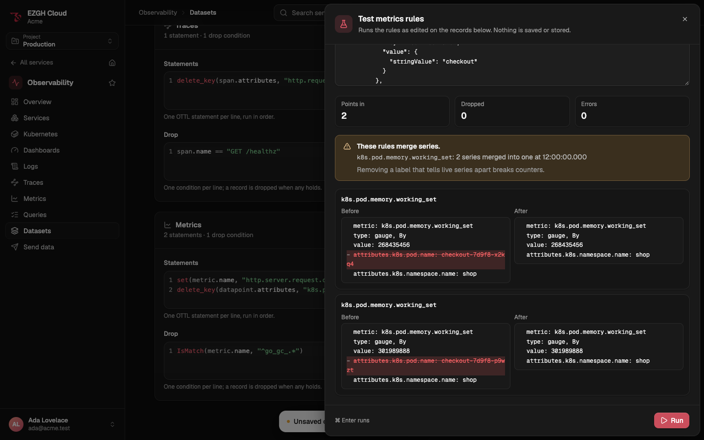 The Test metrics rules sheet after a run that deleted k8s.pod.name: a warning that these rules merge series, two series of k8s.pod.memory.working_set merged into one at 12:00:00, and each point's before and after.