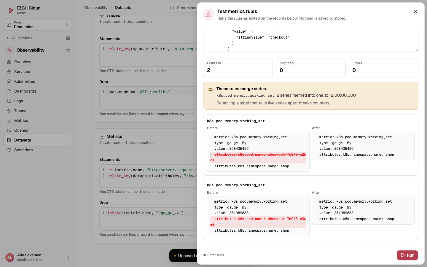 The Test metrics rules sheet after a run that deleted k8s.pod.name: a warning that these rules merge series, two series of k8s.pod.memory.working_set merged into one at 12:00:00, and each point's before and after.